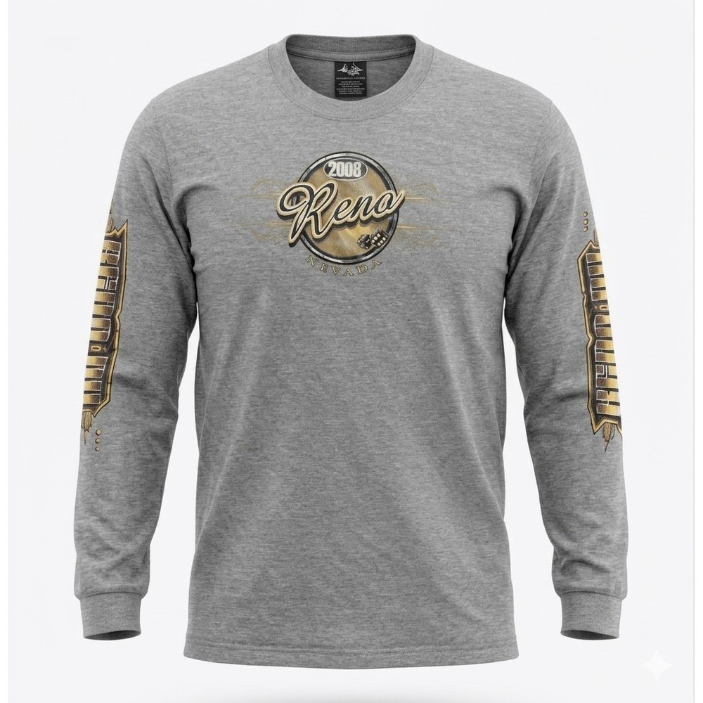 Biker Design 2008 Vintage Men's Gray Long Sleeve Reno, NV T-Shirt. Size 3XL